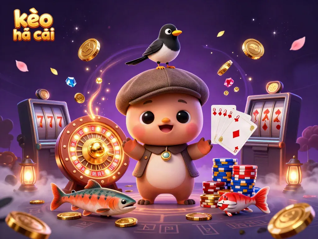 Experience kèo nhà cái with 3D cartoon baby Nessie, gold-obsessed magpie and salmon in a vibrant casino scene.