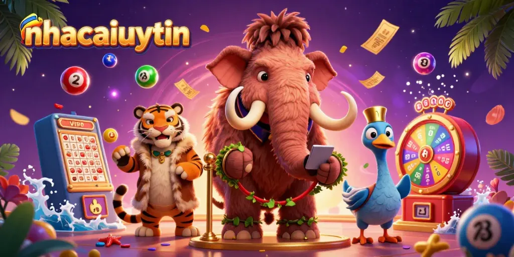 Play big at nhacaiuytin with a vibrant casino scene featuring colorful lottery balls and energetic characters.