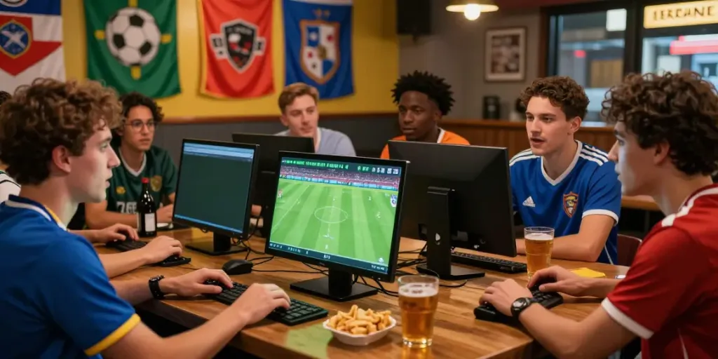 Engaged soccer fans analyzing WWBOLA betting odds in a vibrant sports bar scene.