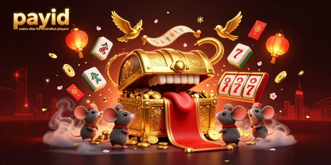 Engaging scene of a treasure chest and mice exploring payid casino sites for australian players with slot game elements.