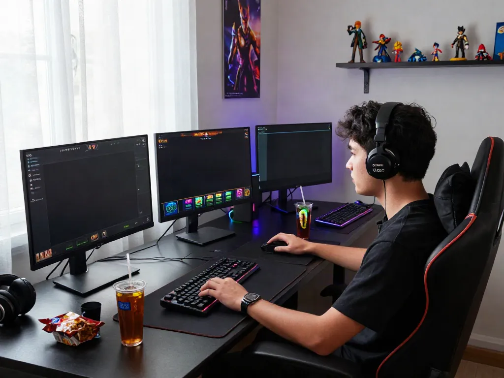 A stunning home office scene featuring a young adult gaming enthusiast intensely engaged with akunjp slot games on dual monitors, illuminated by LED lights and surrounded by gaming accessories.