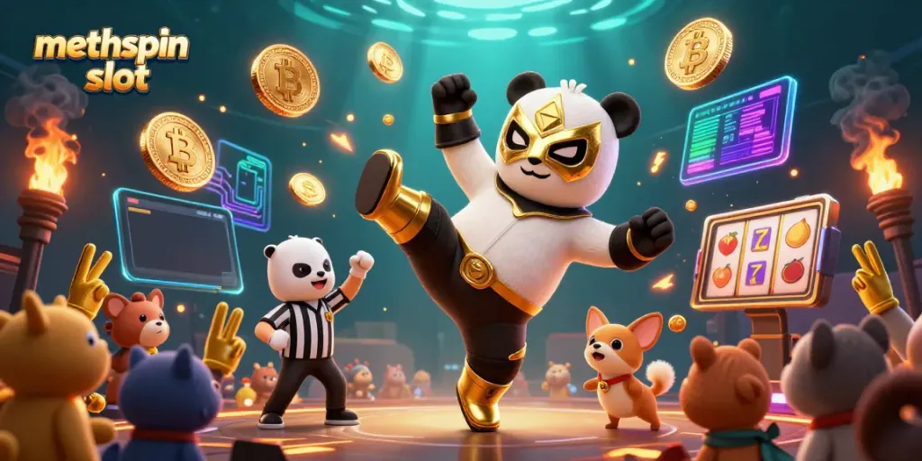 Experience the excitement of methspin slot with a panda wrestler and vibrant casino atmosphere.
