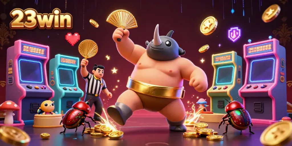 23win showcases a dynamic 3D battle with a beetle sumo champion and glowing arcade games.