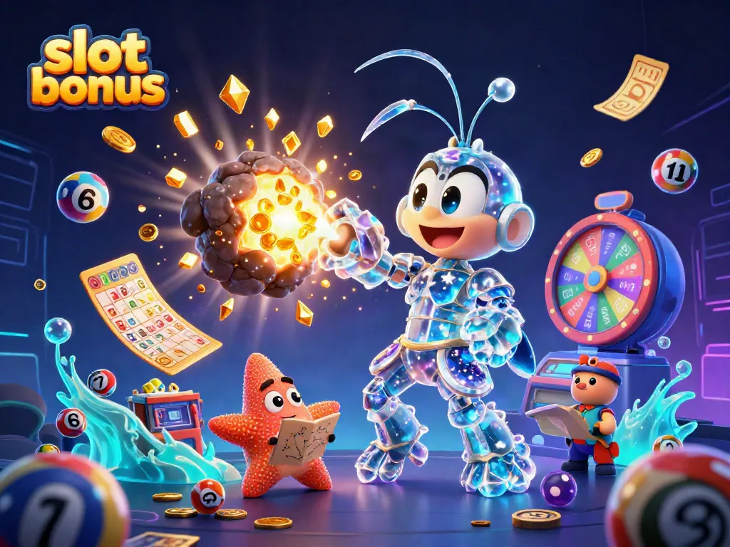 Experience the thrill of winning with slot bonus illustrated by a galactic samurai shrimp bursting through an asteroid with gems and coins.