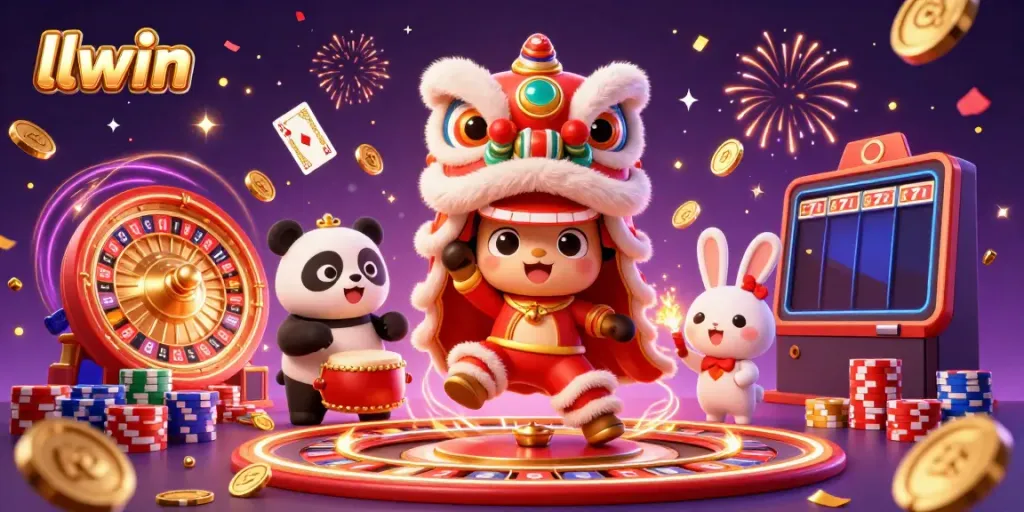 Experience the excitement of llwin with a vibrant lion dance and casino elements in action.