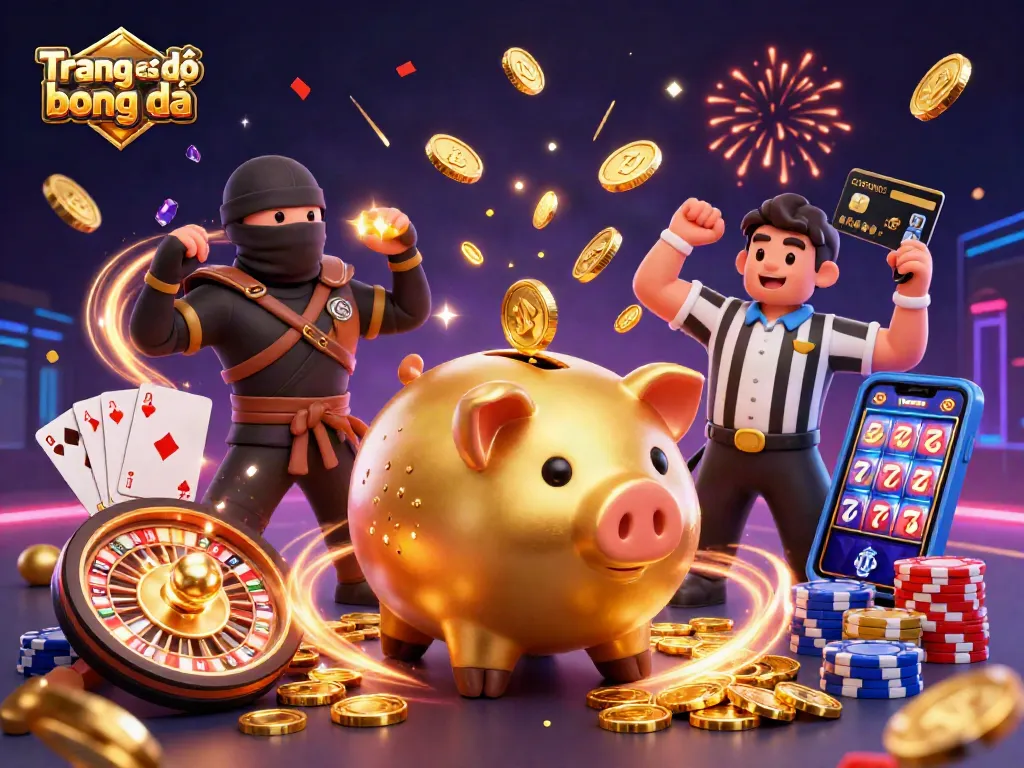 Engage in Trang cá độ bóng đá with a dynamic scene featuring a golden piggy bank sumo wrestler and thrilling casino elements.