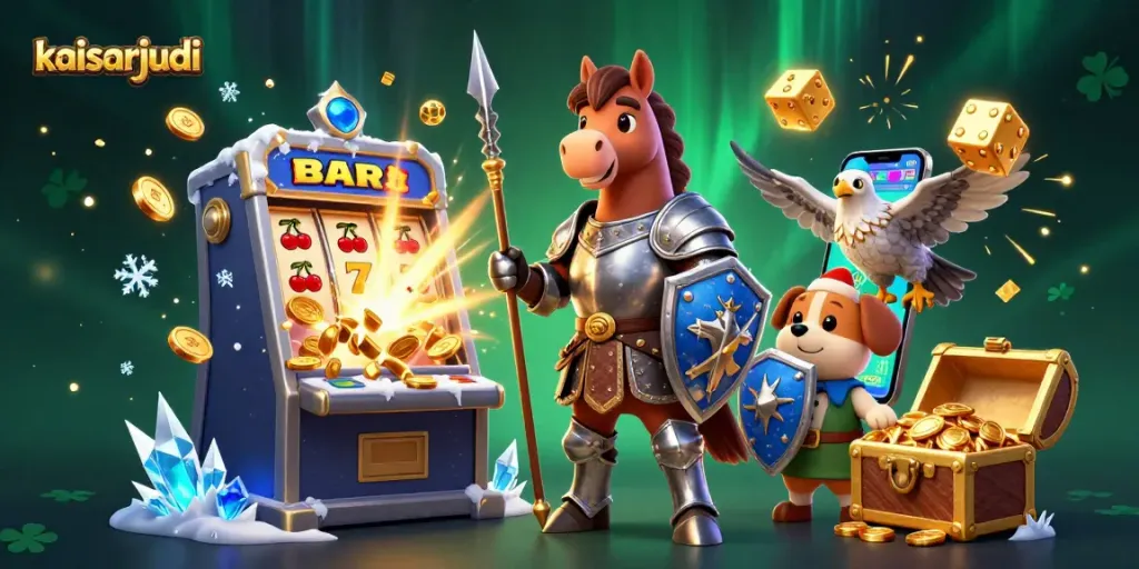 Kaisarjudi showcases an exciting casino scene with knights and jackpots bursting with coins and colors