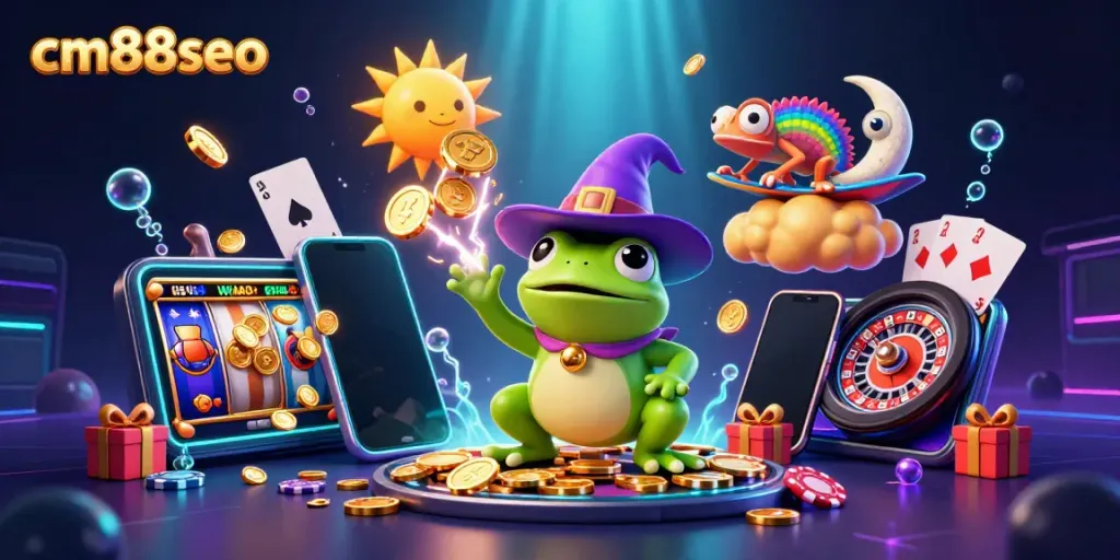 Experience the excitement of cm88seo with a whimsical 3D scene featuring a weather wizard frog and vibrant casino elements.
