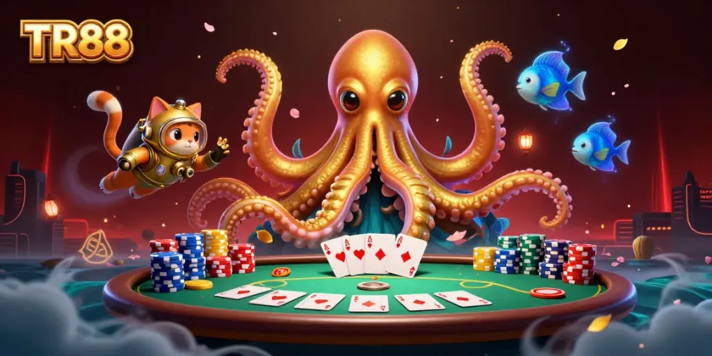 Engage with the thrilling world of TR88, featuring a kraken and diving cat amidst vibrant poker elements.