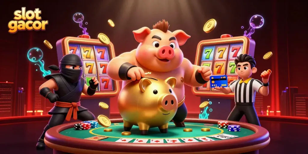 Experience slot gacor action with a dynamic 3D illustration of characters competing in a casino scene.