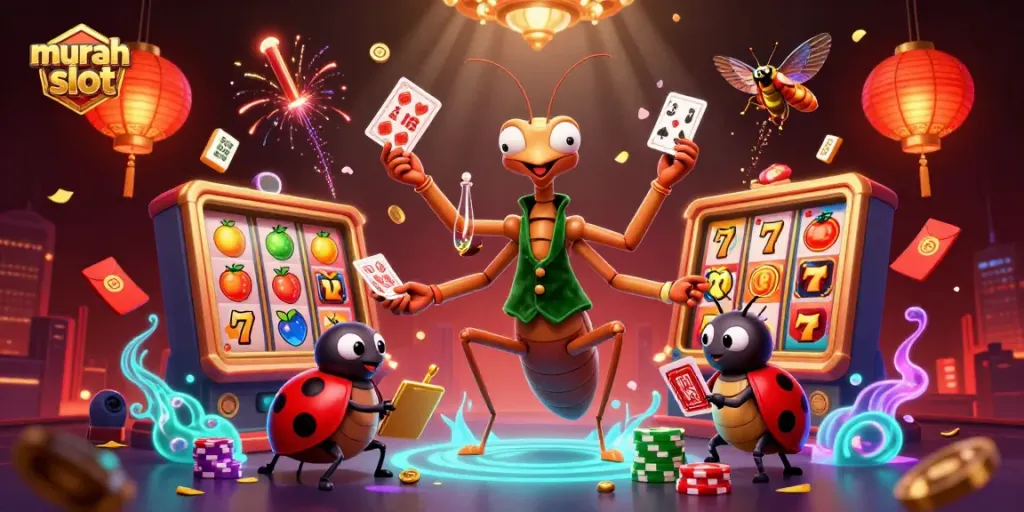 Slot murah slot dengan karakter menarik bermain di kasino, dikelilingi emas dan keberuntungan.