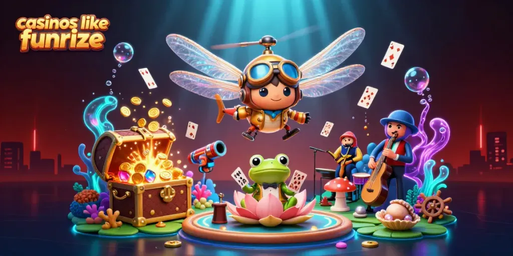 Experience top gameplay at casinos like funrize with vibrant 3D illustrations showcasing unique gaming elements.