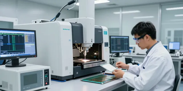 Proses produksi semikonduktor di https://www.oe-semiconductor.com/index2.html, teknisi bekerja dengan wafer silikon dalam lingkungan bersih.