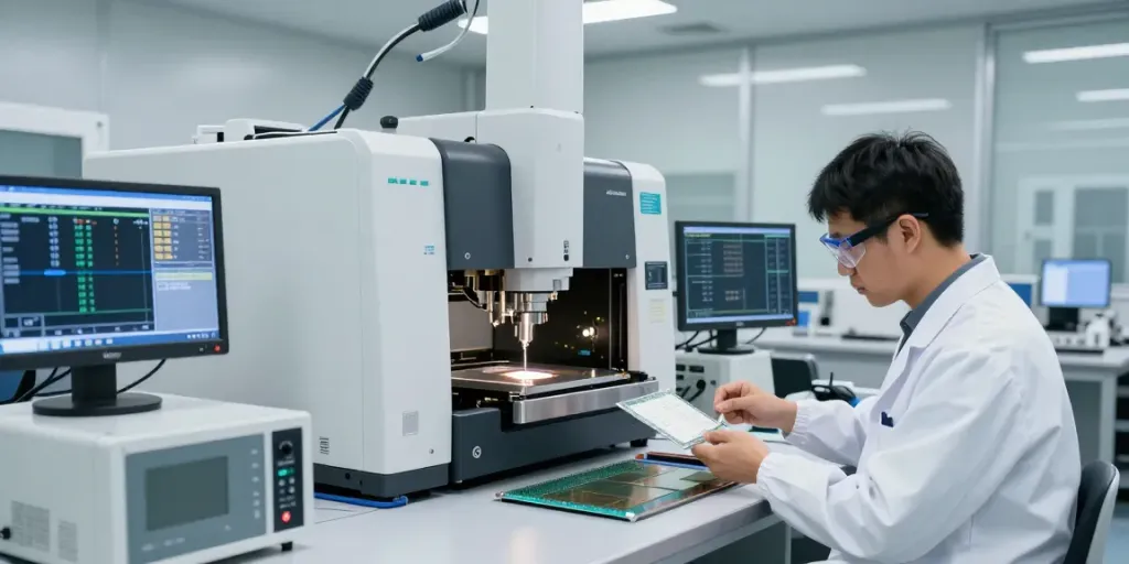 Proses produksi semikonduktor di https://www.oe-semiconductor.com/index2.html, teknisi bekerja dengan wafer silikon dalam lingkungan bersih.