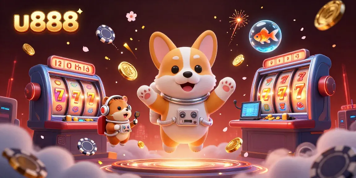 Experience the excitement of u888 with an astronaut corgi in a space casino, spinning slots and drifting coins.