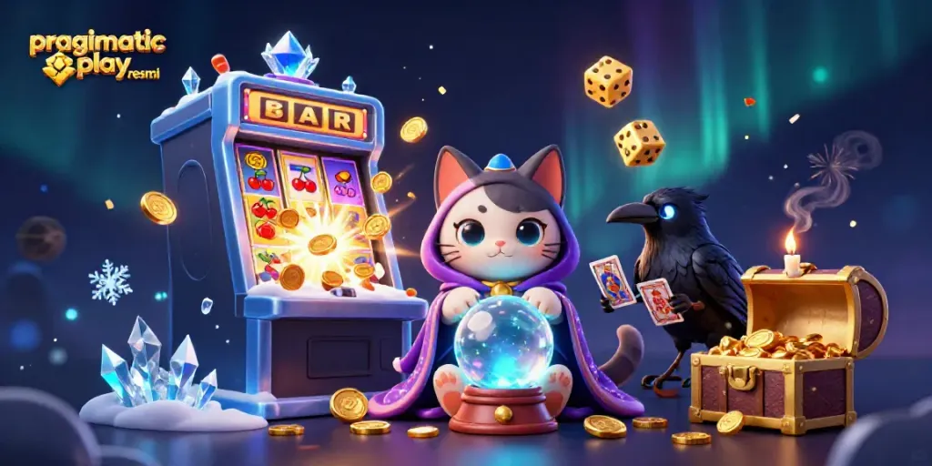 Slot jackpot Pragmatic Play resmi, dengan kucing peramal, burung gagak, dan efek misterius.