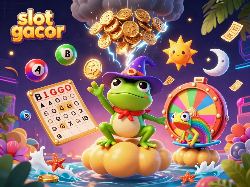 Experience the thrill of slot gacor with this vibrant 3D illustration of a weather wizard frog and rainbow chameleon.