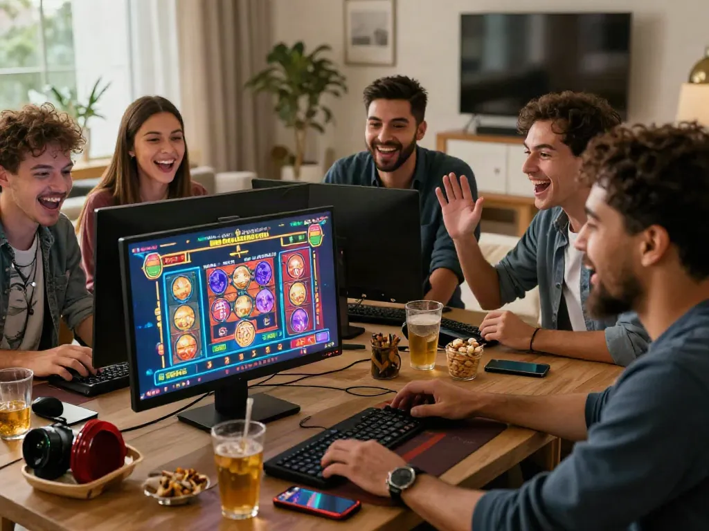 Exciting scene of friends enjoying non UK registered casinos in a cozy setting, engaging with live dealer games and colorful graphics.
