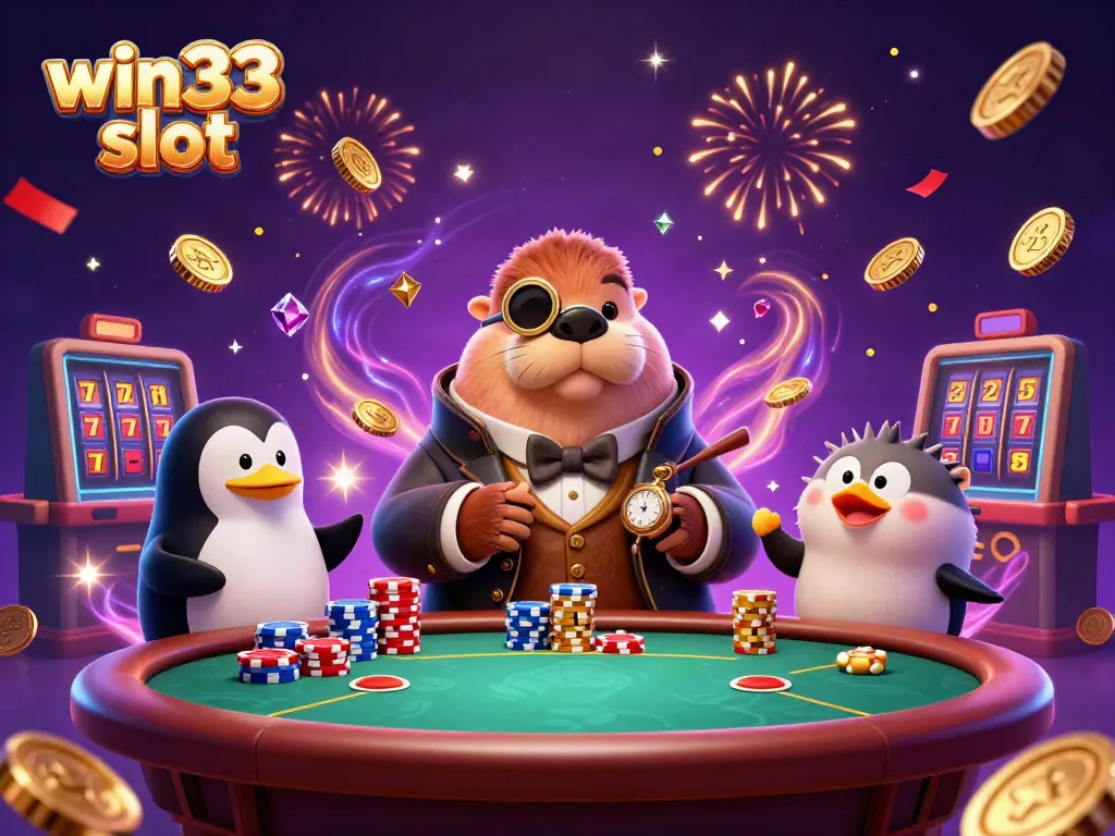 Experience the excitement of win33 slot with a jolly walrus, penguin dealer, and pufferfish, immersed in an underwater card game.