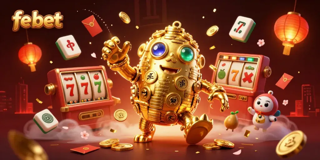 Experience thrilling gaming with fe bet's vibrant 3D illustration of a lucky golden golem surrounded by casino elements.