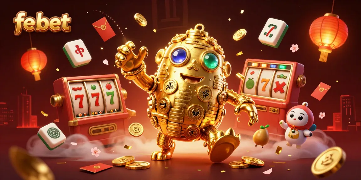 Experience thrilling gaming with fe bet's vibrant 3D illustration of a lucky golden golem surrounded by casino elements.