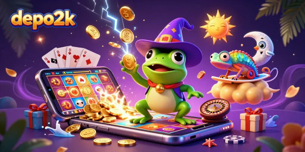 Experience the thrilling adventure of depo2k as a wizard frog conjures golden coins in a magical storm.