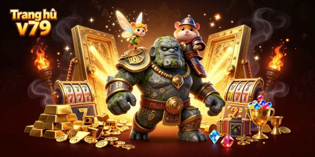 Experience thrill at Trang chủ v79 with magical gaming characters amidst golden treasures.