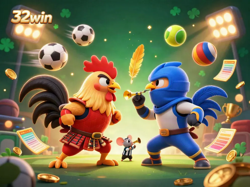 Engage with thrilling action as 32win's rooster warriors battle in a vibrant casino arena.