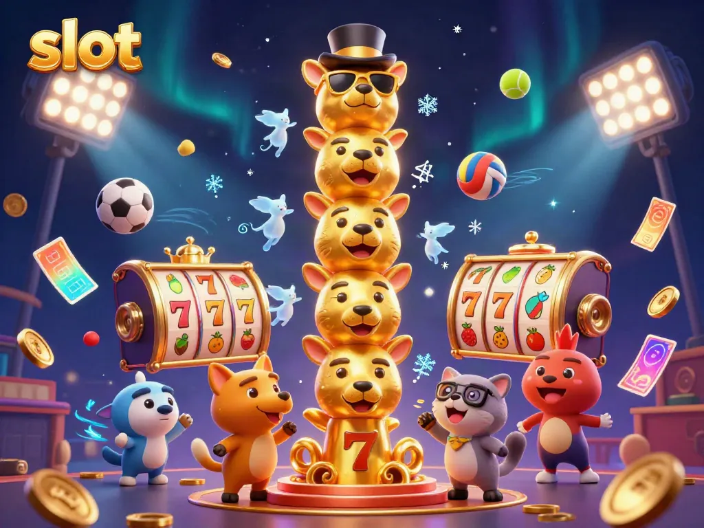 Engage with vibrant slot-themed 3D illustration filled with lively game elements and dynamic characters.