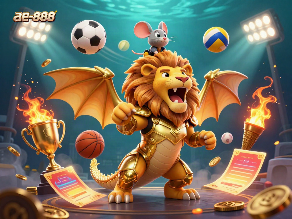 Experience the thrilling adventures of ae-888 as a golden chimera and a mouse jockey celebrate with sports balls, trophies, and excitement.