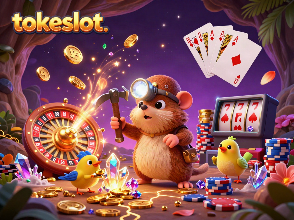 Tokeslot features an animated treasure hunter mole collecting wealth in a vibrant casino cave.