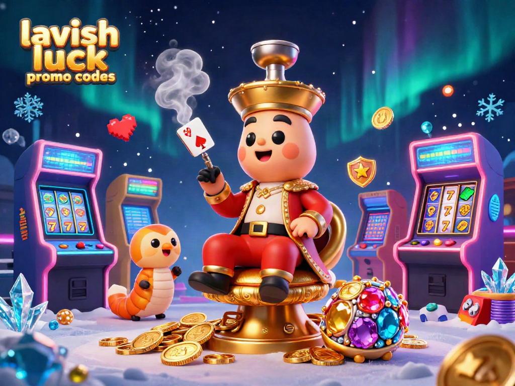 Engage with lavish luck promo codes while exploring dynamic casino-themed gaming elements in a vibrant 3D illustration.