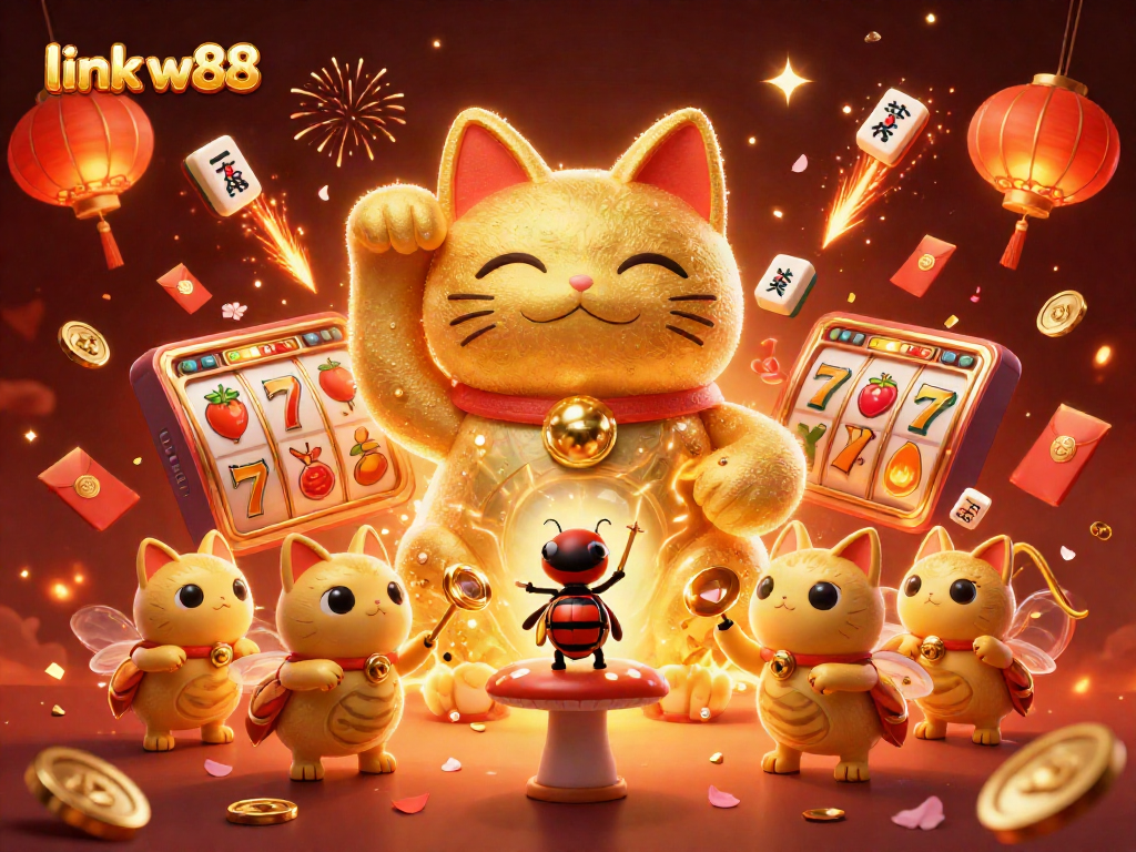 Experience link w88 with a 3D cartoon lucky cat and vibrant casino symbols in this dynamic illustration.