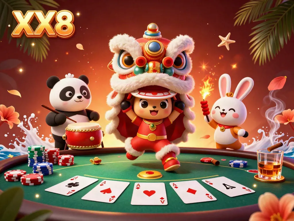 Experience the energetic XX8 casino atmosphere with a colorful lion dance scene featuring poker elements.