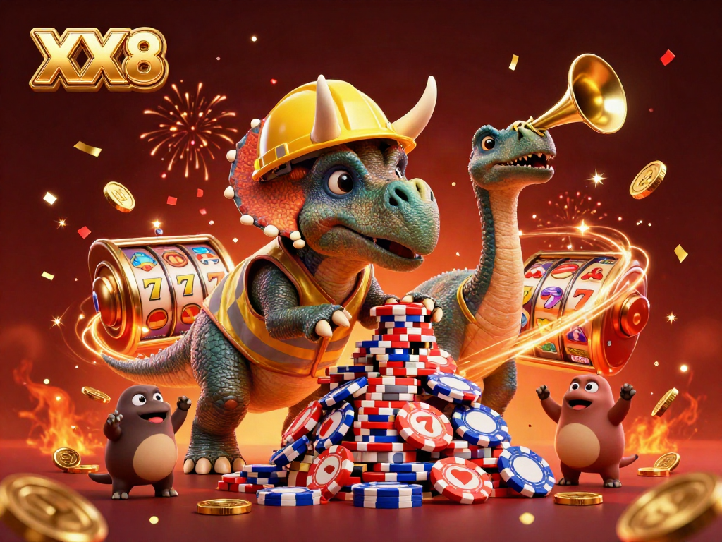 Experience the excitement of XX8 with vibrant poker chips and animated slot reels.
