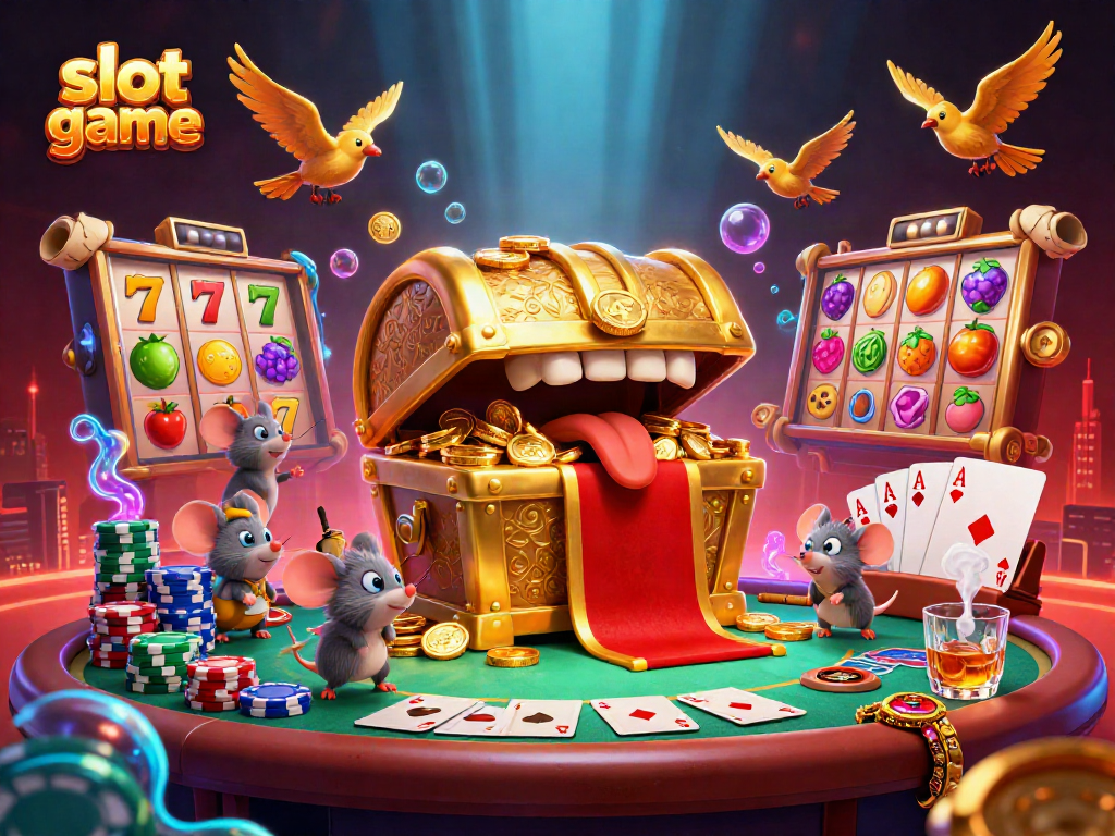 Catch thrilling action with this colorful slot game scene featuring a treasure chest and dynamic gameplay elements.