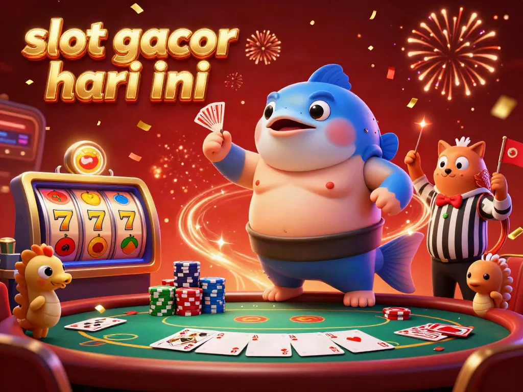 Engage with slot gacor hari ini through an exciting underwater casino scene featuring a fugu in a sumo belt, slot reels, and vibrant celebrations.