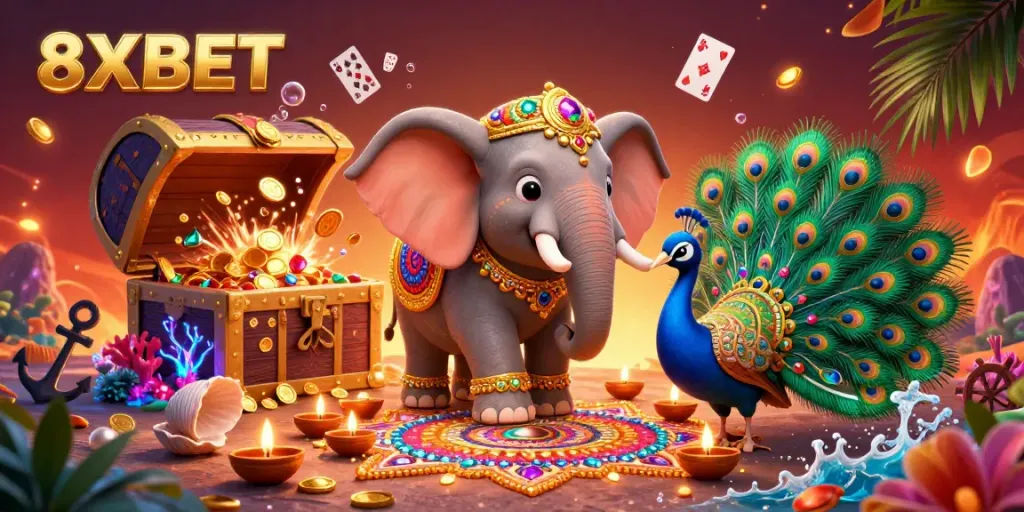 Experience the vibrant gaming world of 8XBET with a 3D Diwali-themed elephant and casino elements.