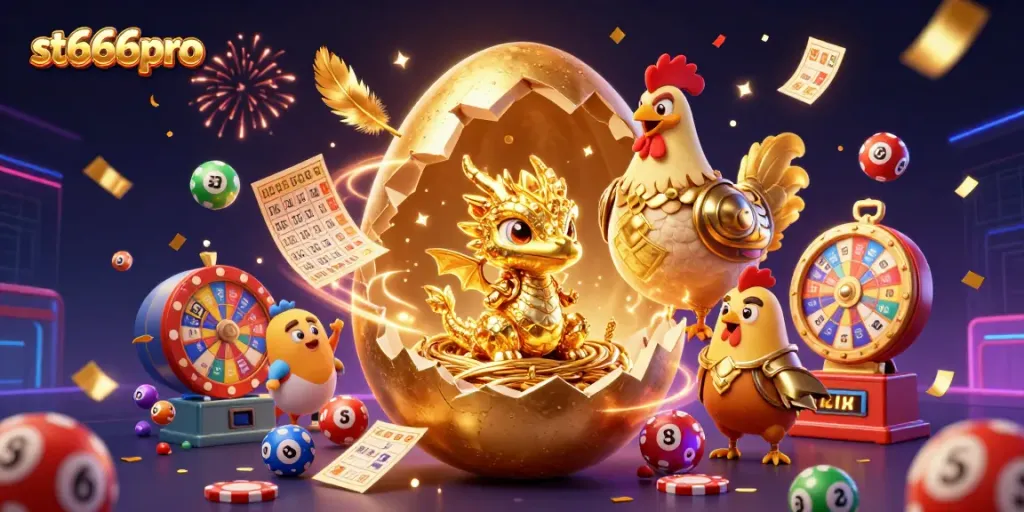 Experience the excitement of st666pro with a golden dragon and floating casino elements in a festive setting.