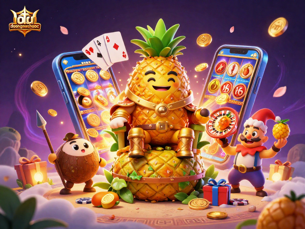 Engage with duongmatchuoc's thrilling beach casino scene featuring the golden pineapple king and vibrant game elements.