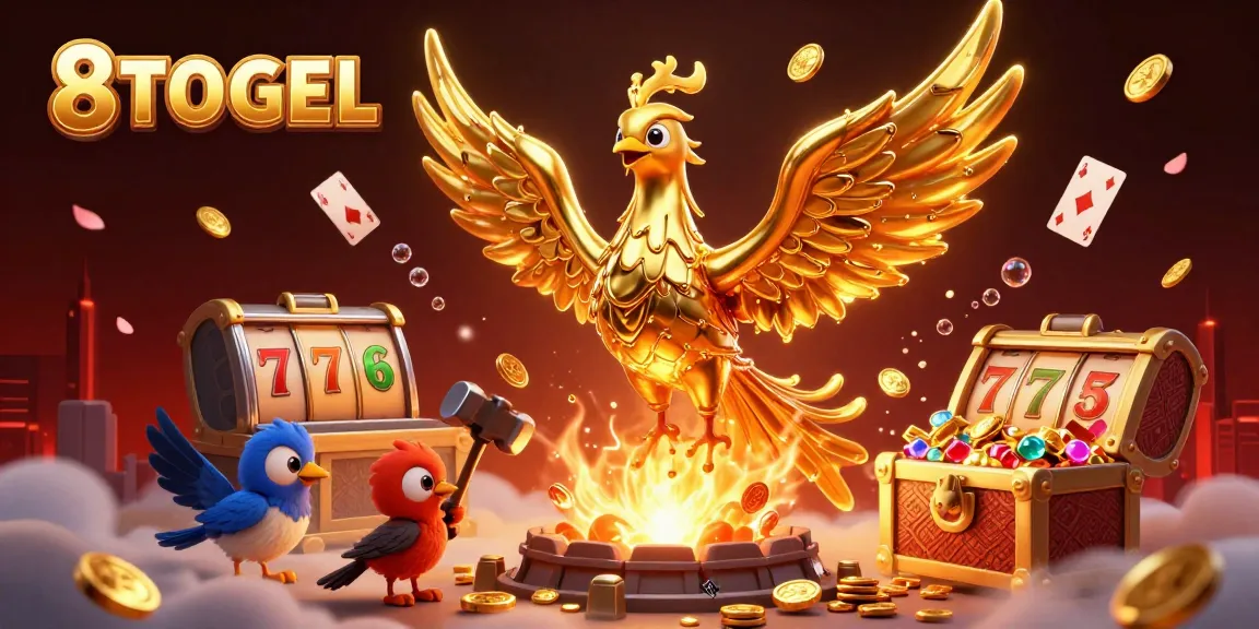 Experience winning moments with 8TOGEL's golden phoenix amid vibrant slot game elements and treasure.