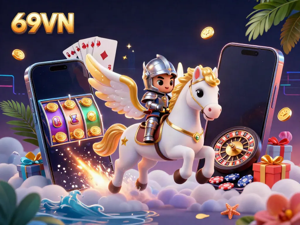 Experience thrilling gameplay with 69VN as a celestial knight rides through a stunning 3D casino world.