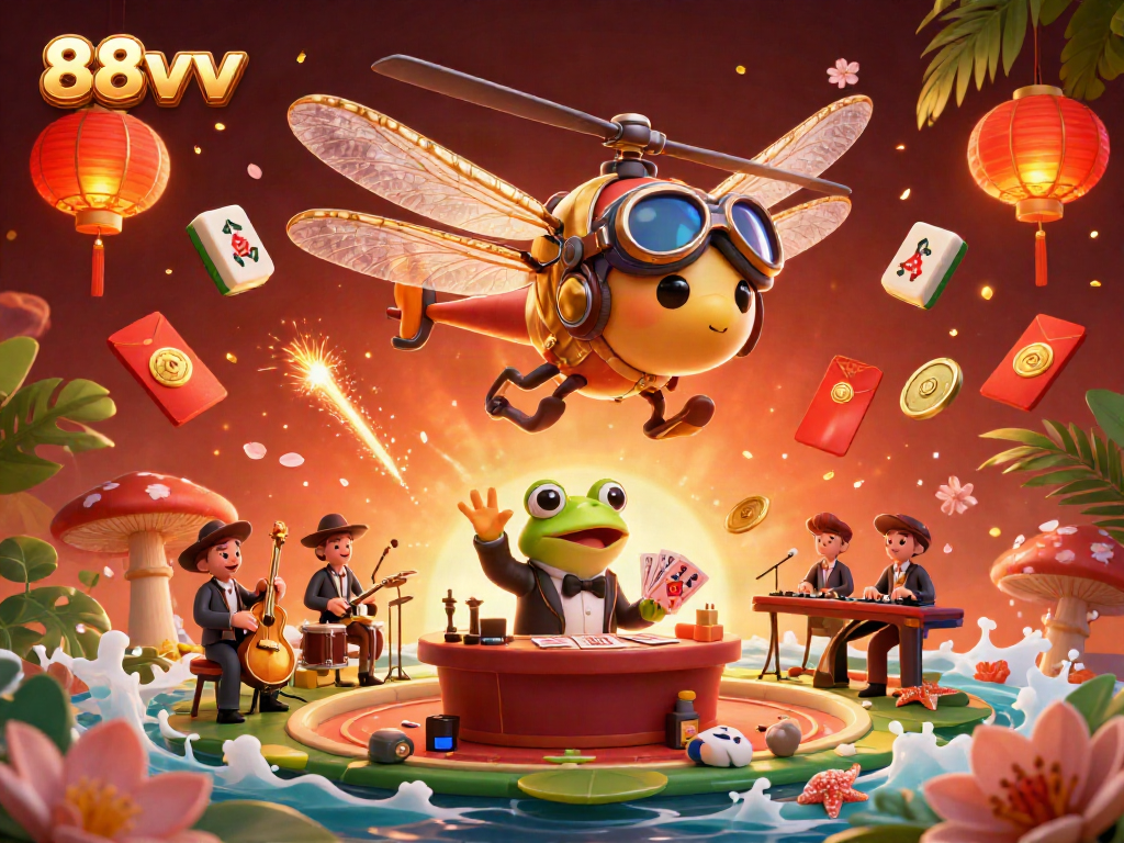 Experience the excitement at 88vv casino with animated characters, cards, and festive elements.
