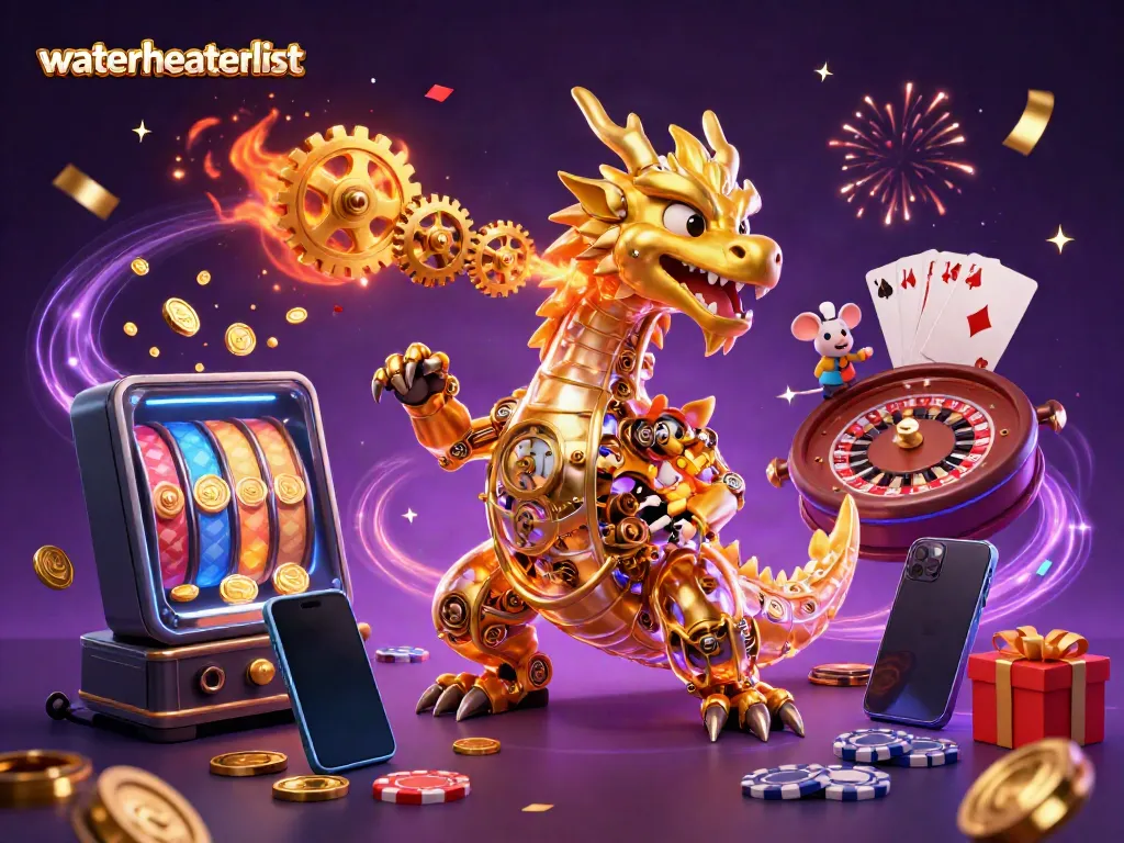 Experience the thrill of gaming with the dynamic scene featuring waterheaterlist's golden dragon and casino elements.