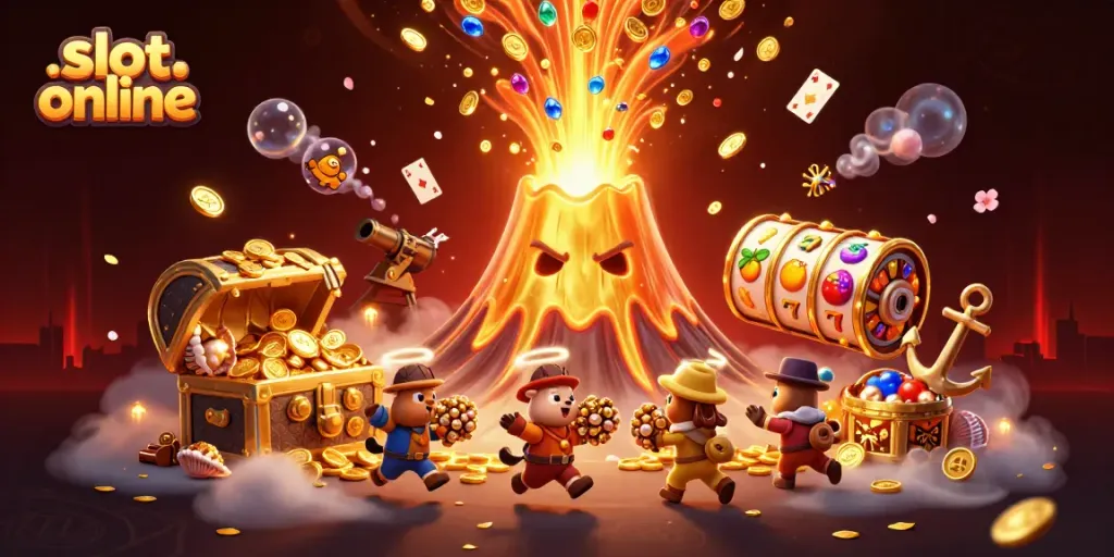 Engage in slot online excitement with golden treasures and spinning reels in a vibrant 3D scene.