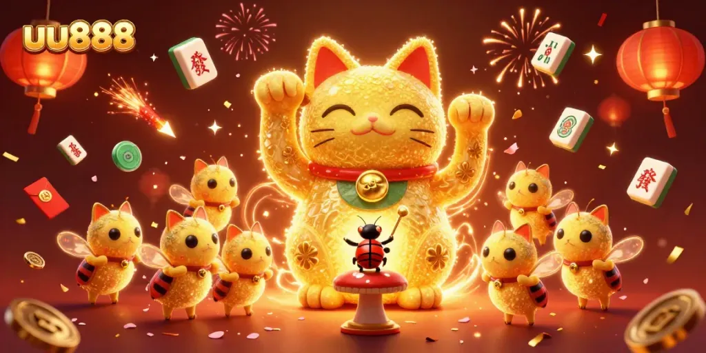 Experience winning excitement at uu888 with a vibrant lucky cat and celebratory game symbols.