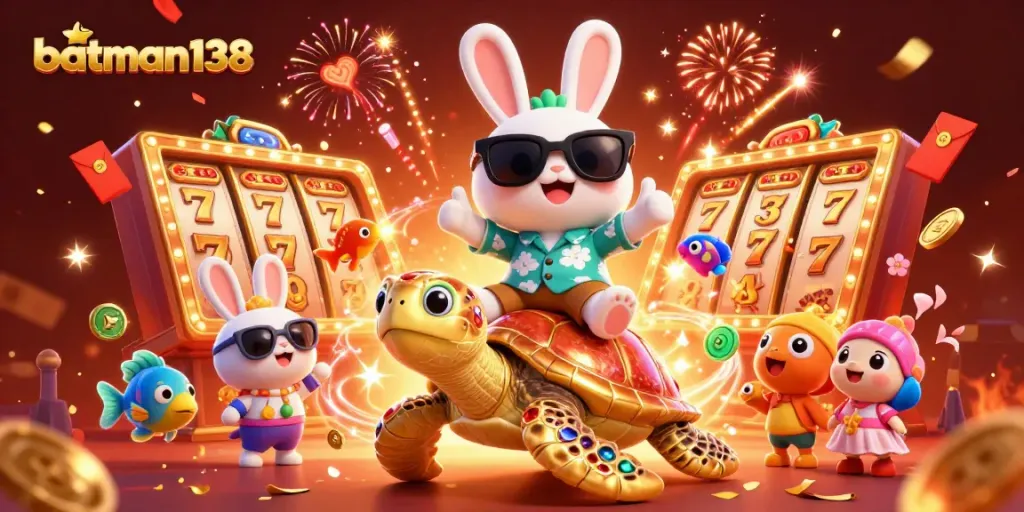 Experience thrilling wins at batman138 with vibrant slot reels and playful characters in a festive setting.