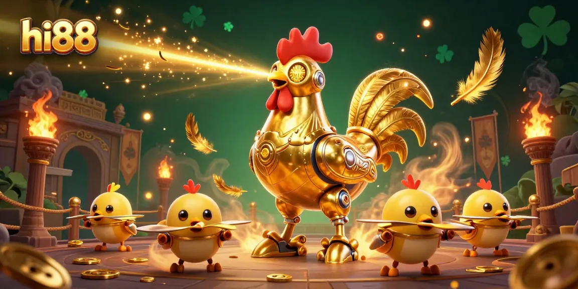 Engage with hi88 as the golden rooster robot blasts lasers in a dynamic casino scene.