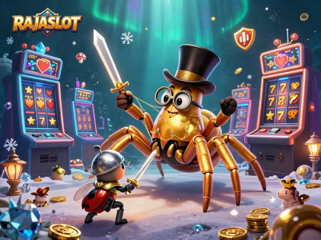 RAJASLOT menampilkan karakter menarik dalam ilustrasi slot yang penuh warna dan elemen kasino.