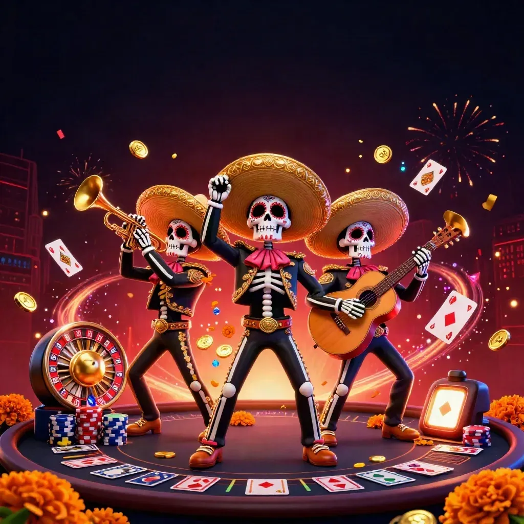 Three skeleton mariachi performers amid coins, cards, chips, fireworks, and a spinning roulette wheel.
